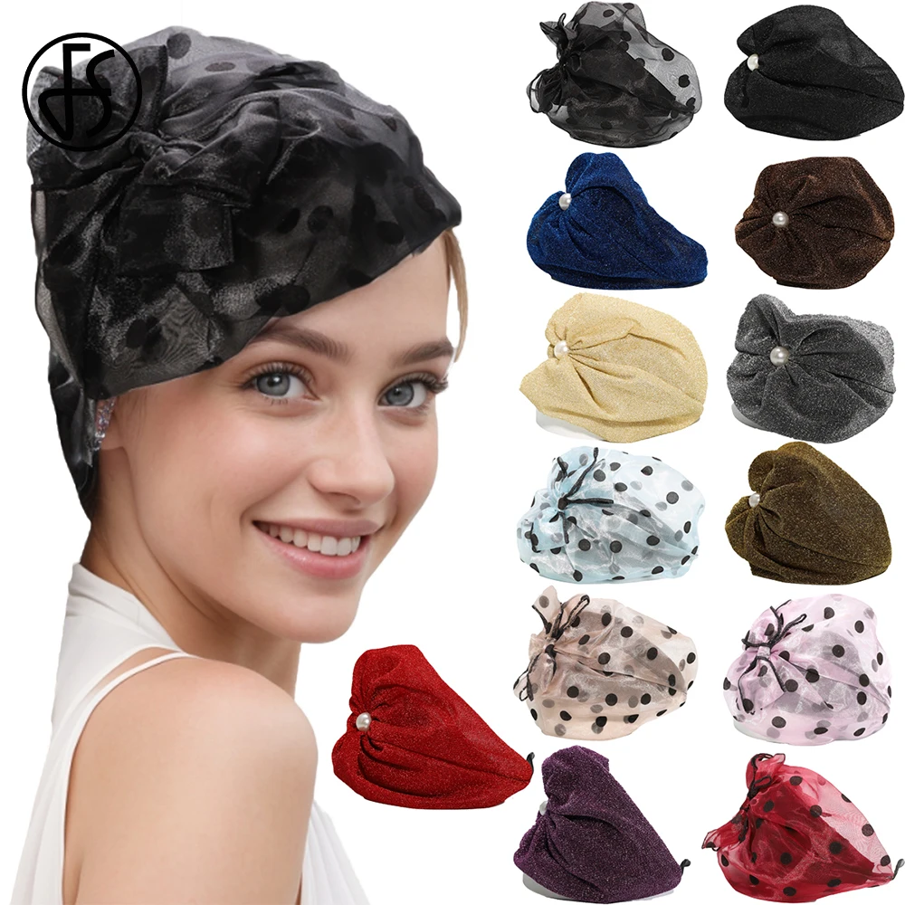 FS Fascinators Small Top Hats For Women With Bow Bead Dots Gauze Headband Wedding Bridal Church Cocktail Tea Party Pillbox Cap