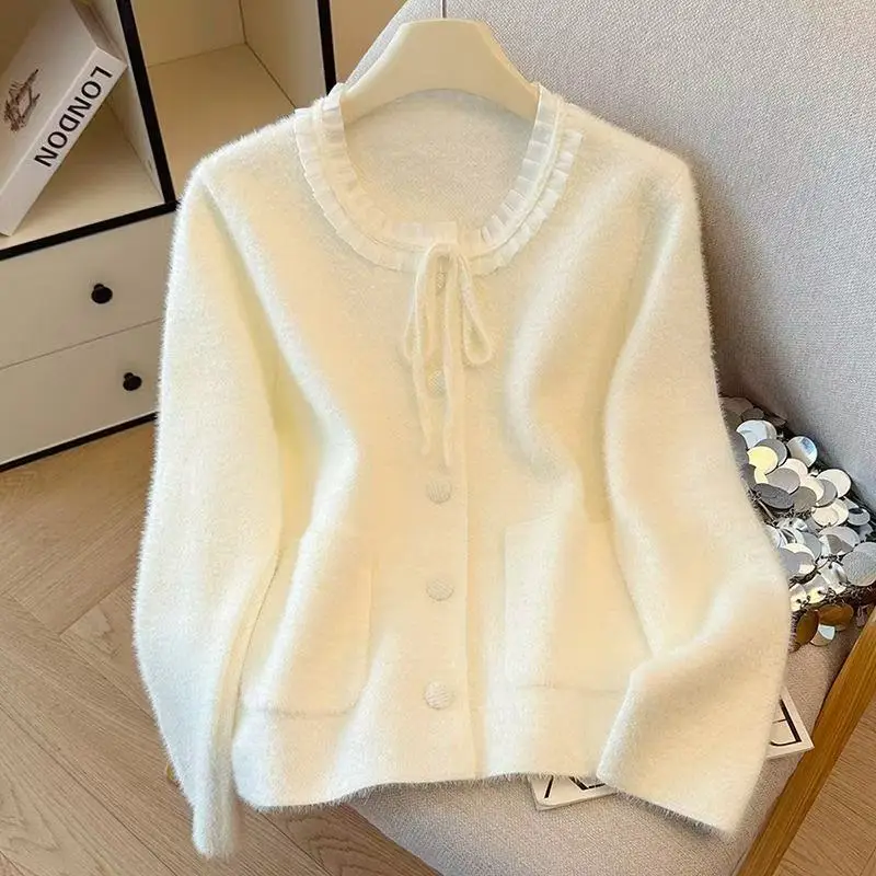 

Autumn Knitted Cardigan Sweater Women Jacket Sweet Mesh Stitching Imitation Mink Velvet Sweater Ladies Knitted Clothes Female