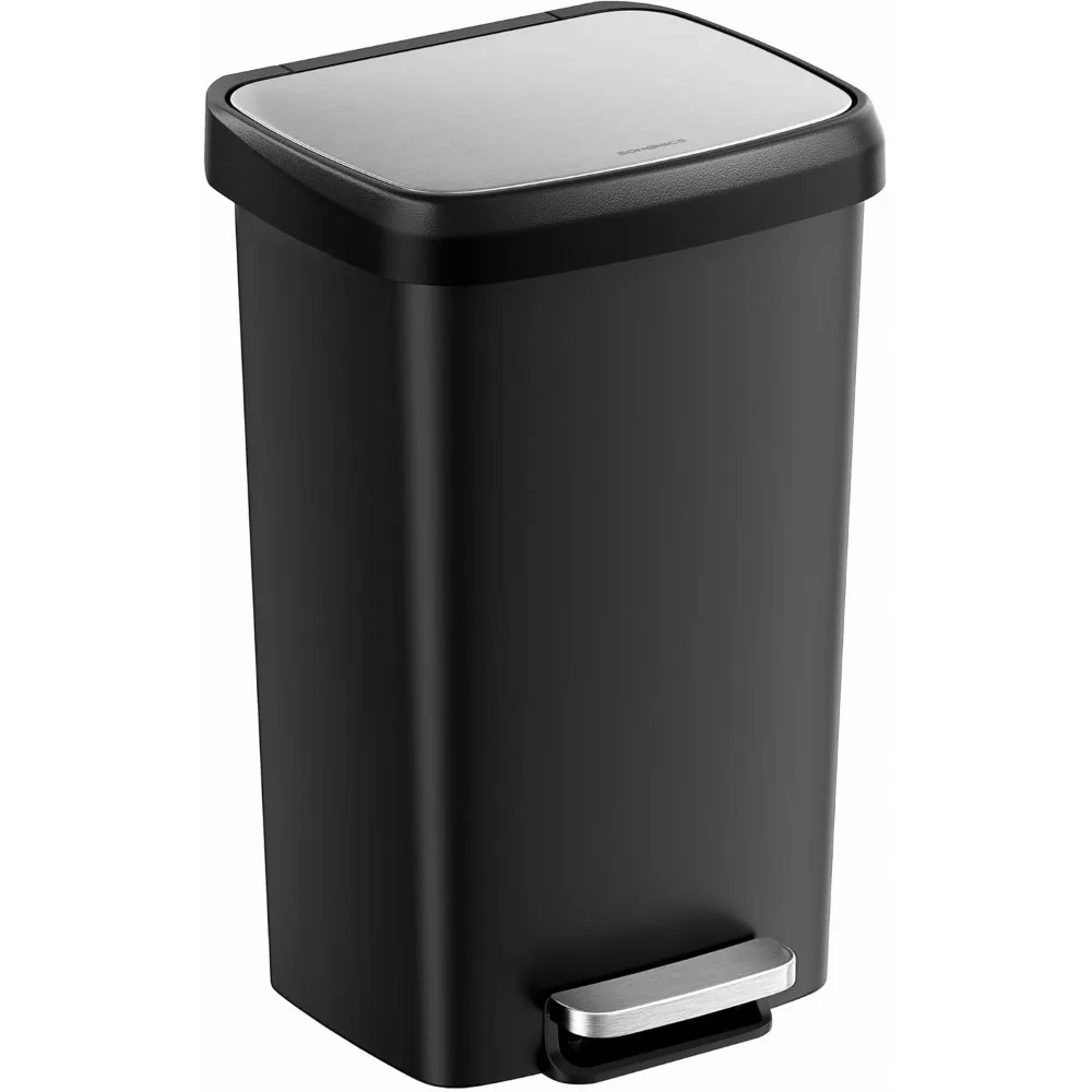 

Plastic Kitchen Trash Can, 12-Gallon (45 L) Garbage Can with Stainless Steel Lid, Soft Close, Pedal Waste Bin with Wheels and R