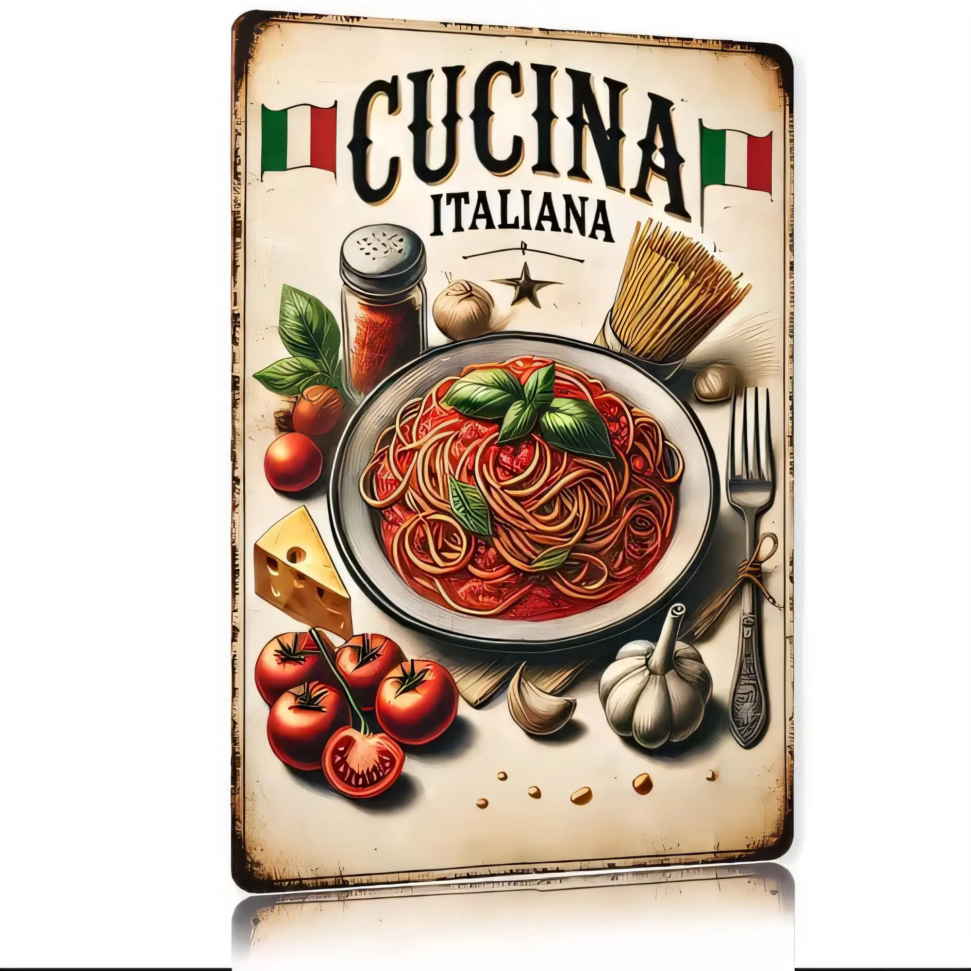 Tin Sign Kitchen Vintage Italian Cuisine Pasta Wall Decor, Retro Metal Plaque with Garlic Tomato Olive Oil Design, Funny Chef Co