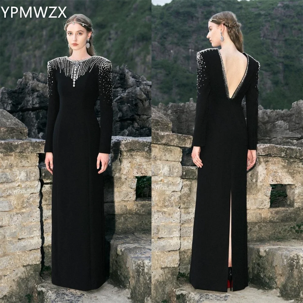 

Customized Evening Dress Formal Party Occasion Prom Gown YPMWZX Scoop Neckline Column Floor Length Skirts Open Back Bead Bespoke