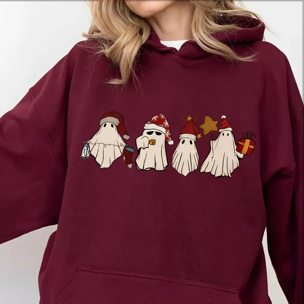 Retro Ghost Santa Hoodies Sweatshirt, Christmas Santa Hat Ghosts Sweatshirt, Cute Hoodie Christmas Vibe Unisex Sweater Gift