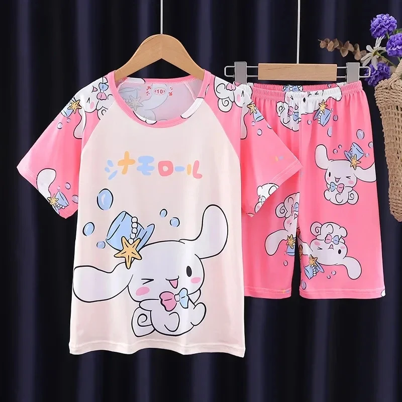 Sanrio Cinnamoroll hellobykitty Kuromi Cartoon pigiama per bambini 2024 Summer Kid Milk Silk Casual Sleepwear Girl Pijamas Sets