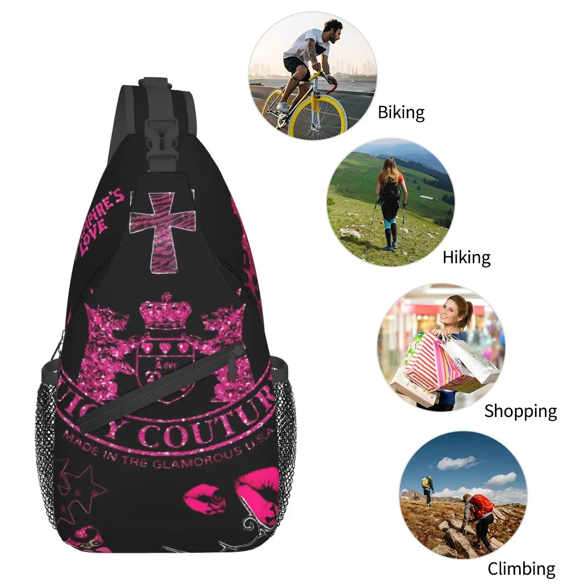 Juicy-Couture Crossbody Backpack Sling Shoulder Bag Durable Adjustable Gym Bag Cycling Travel Hiking Daypack