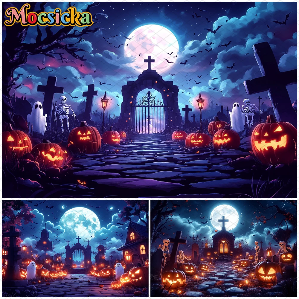 

Mocsicka Purple Halloween Backgrounds Pumpkin Cross Tomb Backdrops Night Moon Bat Ghost Demon Terror Party Decorations Photocall