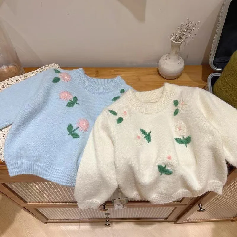 

Spring Autumn Kids Sweater Girls Cotton Pullovers Casual Warm Bottom Knitwear Flower Long Sleeve Toddler Childrens Clothes