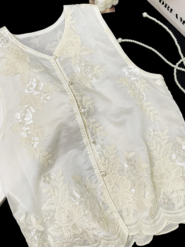 

Новый китайский жилет из органзы с вышивкой, тонкий летний топ, женский топ на одной пуговице с жемчугом и бусинами, традиционный китайский костюм