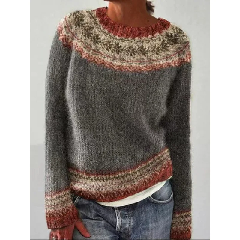 New sweater with feminine temperament, casual round neck, color blocked, loose and fashionable pullover, knitted sweater