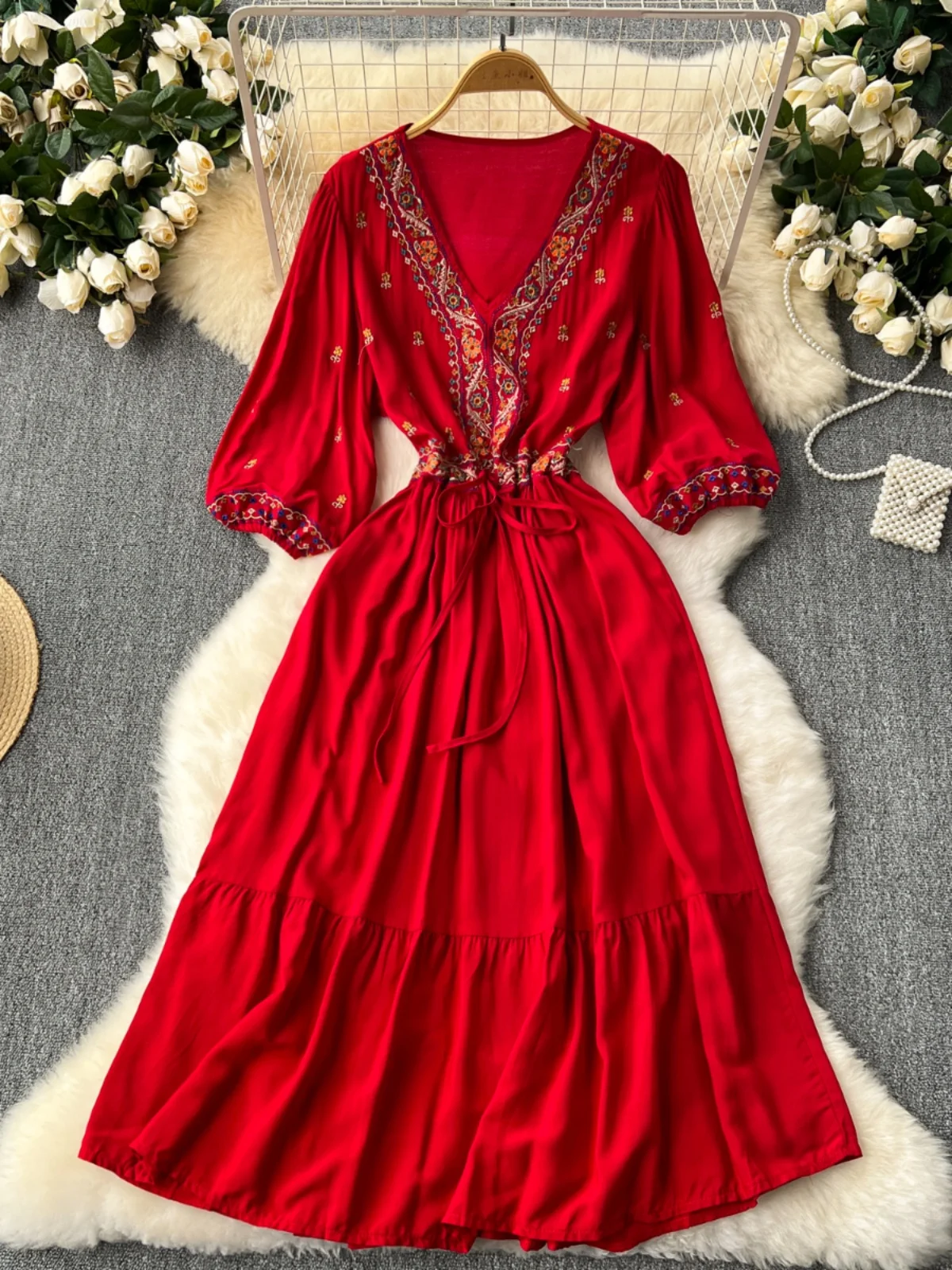 Foamlina Retro Ethnic Style Embroidered Dress for Women Summer Fashion V Neck 3/4 Sleeve Drawstring Tied Up Holiday Long Dresses