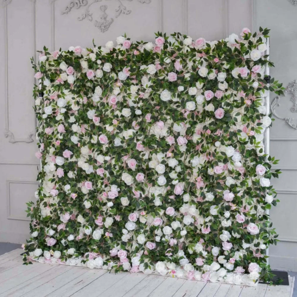 Uflower luxury pink White rose Peony green leaf fabric artificial flower wall Green plants outdoor wedding background decoration view 3