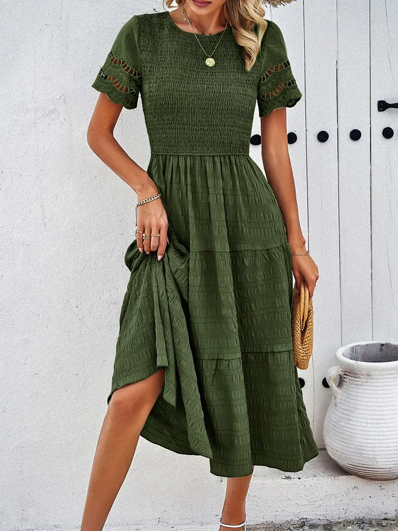 Summer Women's Clothing Ruched Solid Short Sleeve Long Dress Elegant A Line High Waist Polyester Slim Fit Midi Neck