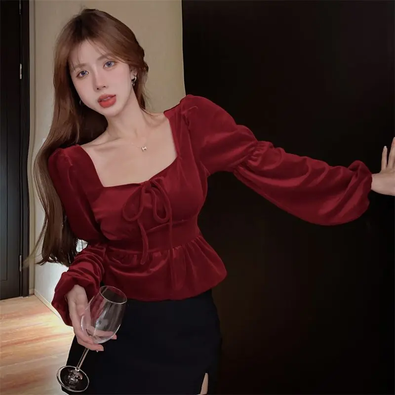 

2025 Sweet Puff Sleeve Blouse Spring Long Sleeve Shirt Women Flattering Cropped Top