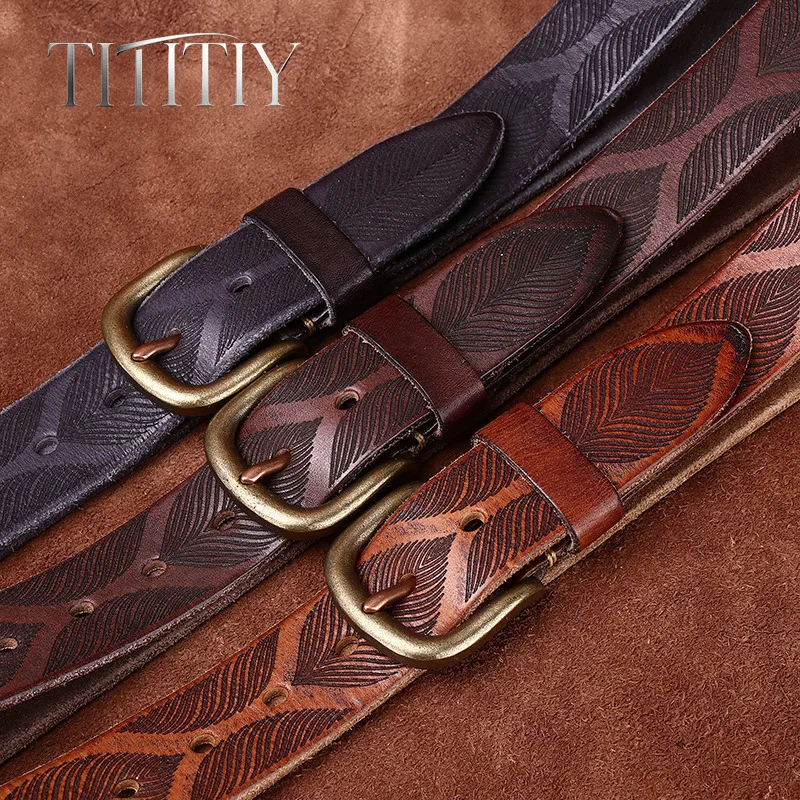 38mm Luxury Handmade Retro Cowhide Men's Belt, Personalized Embossed Design Pin Buckle Jeans Belt For Men High Quality All-match