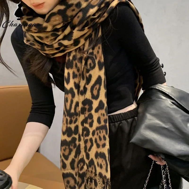 Winter Warm Scarf for Women, Imitation Cashmere Tassel Thick Leopard Print Scarf Retro Millennium Leopard-print Fringed Scarves