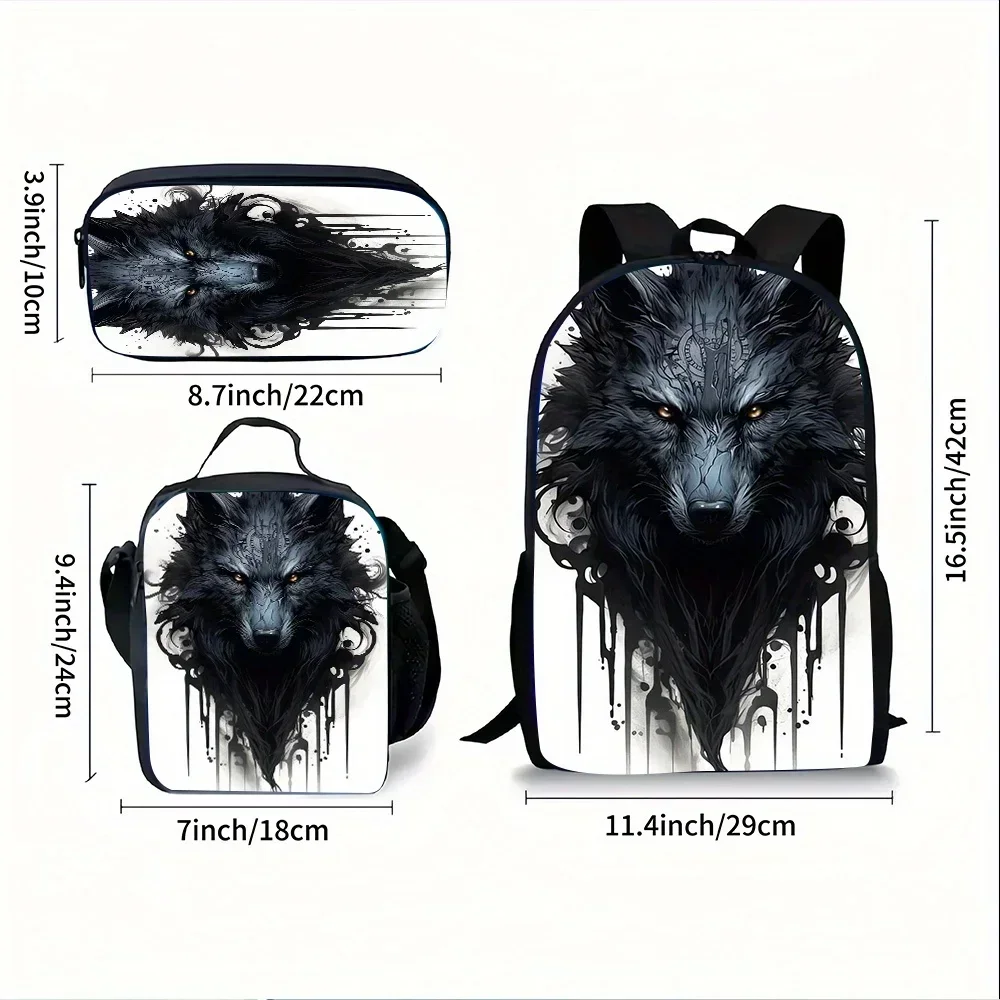 Custom Custom Wolf Backpack Set Comes With Adjustable Shoulder Straps, Polyester Lining, Zipper Closure, Hand Wash, With Appliqu