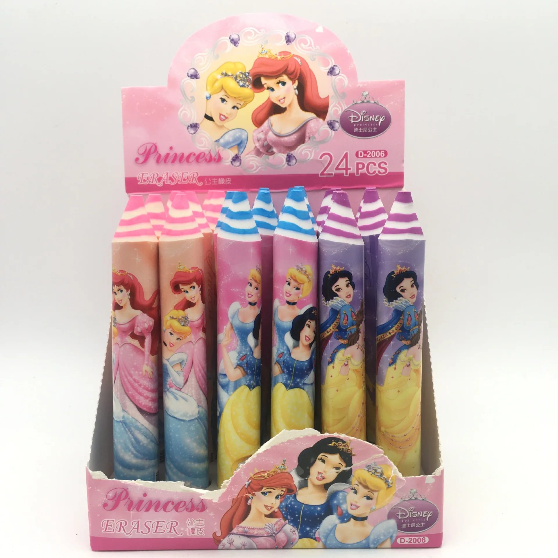 24PCS Disney Kindergarten Stationery Eraser Cartoon Girl Heart Fairy Princess Pencil Shape Eraser Prize Cute School Supplies