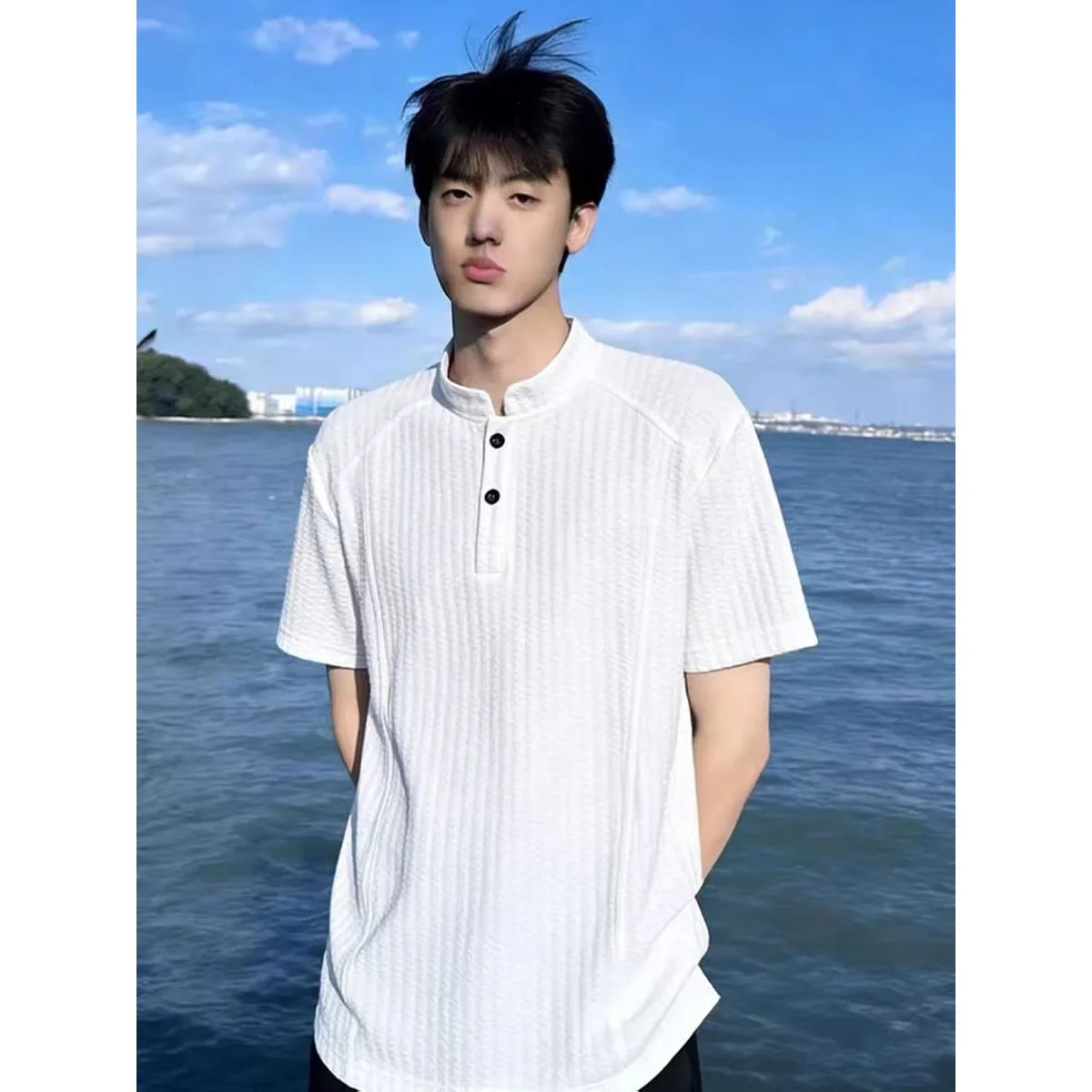 White textured henley short-sleeved men's summer ice silk quick-dry T-shirt with small collar, straight shoulders, and unisex st