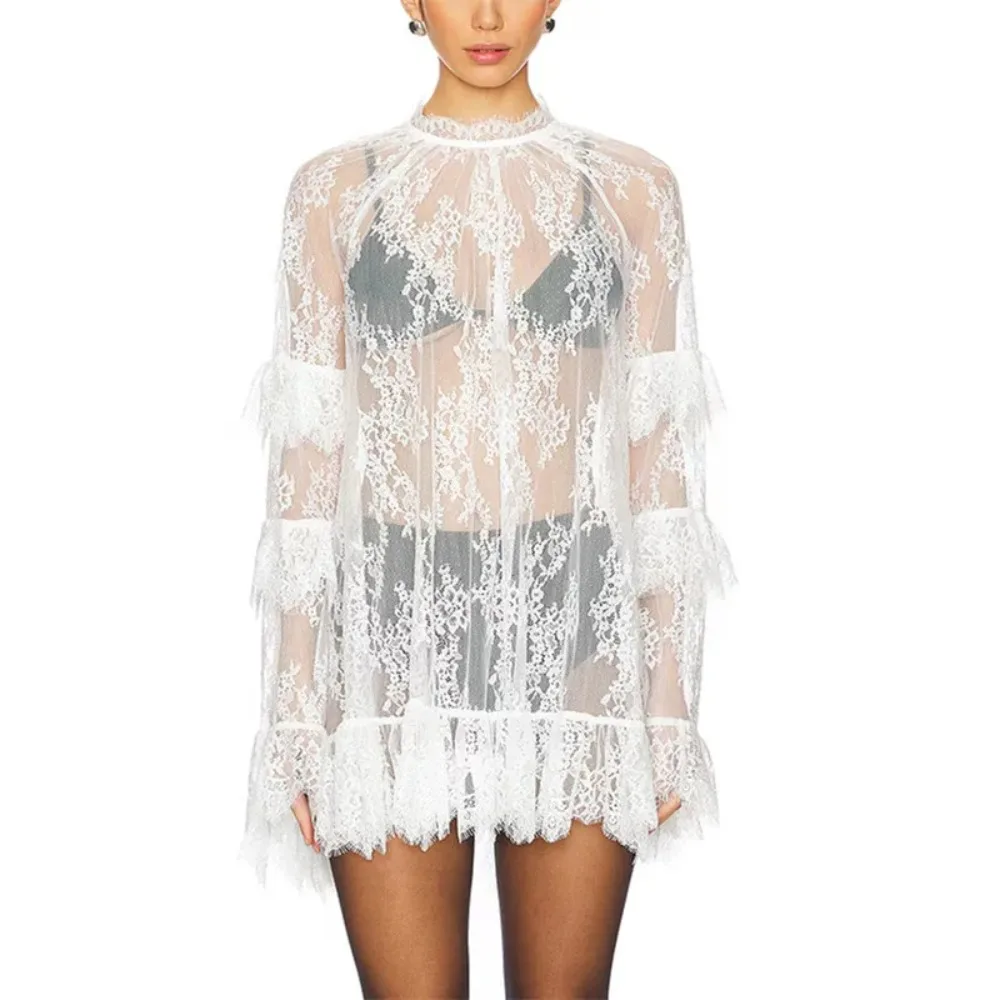 Frauen Spitze Sheer Kleid Sexy Durchsichtig Mesh Langarm High Neck Floral Cover Up Cocktail Party Mini Kleider