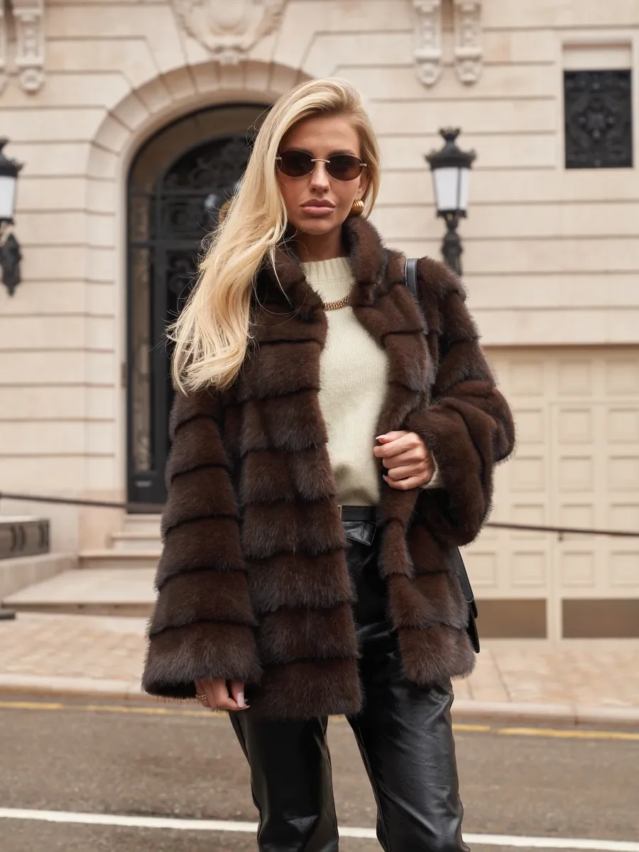 LIMO Women Stand Collar Faux Mink Fur Coat Horizontal Stripe Warm Luxury Outerwear
