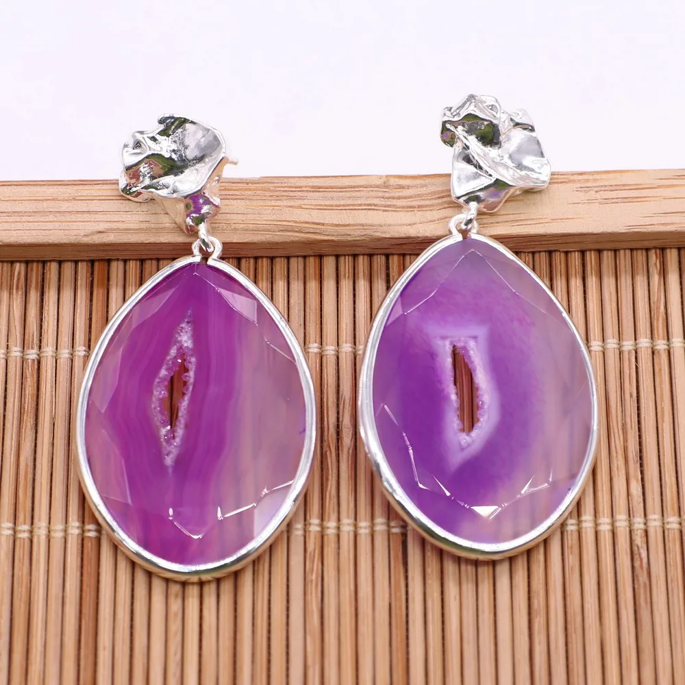 Gains Fashion Simple Drop Earring Stud Natural Druzy Agate Pendant Brass Plated For Lady Gift Free Shipping