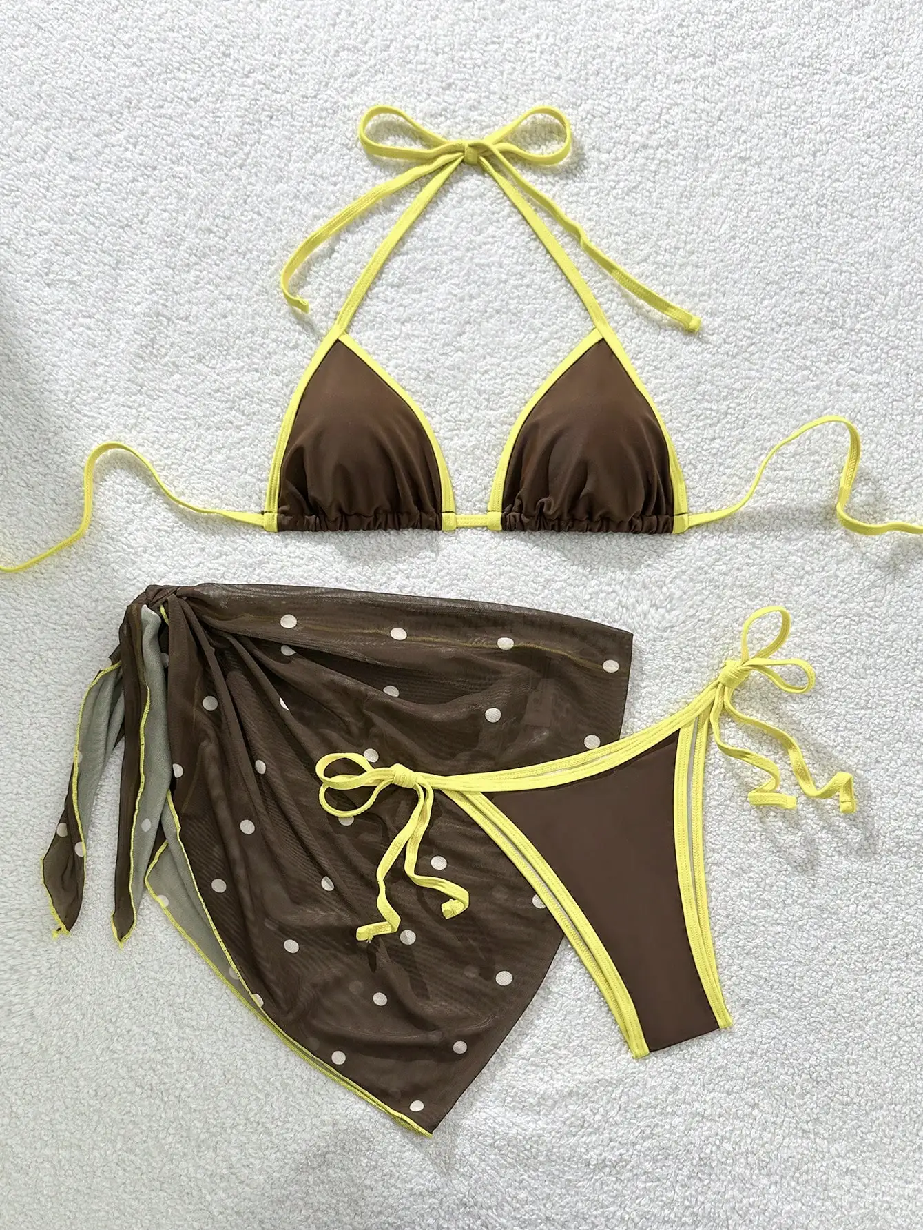 

Brown And Yellow Tie-Neck Bikini Set With Polka Dot Cover-Up Skirt