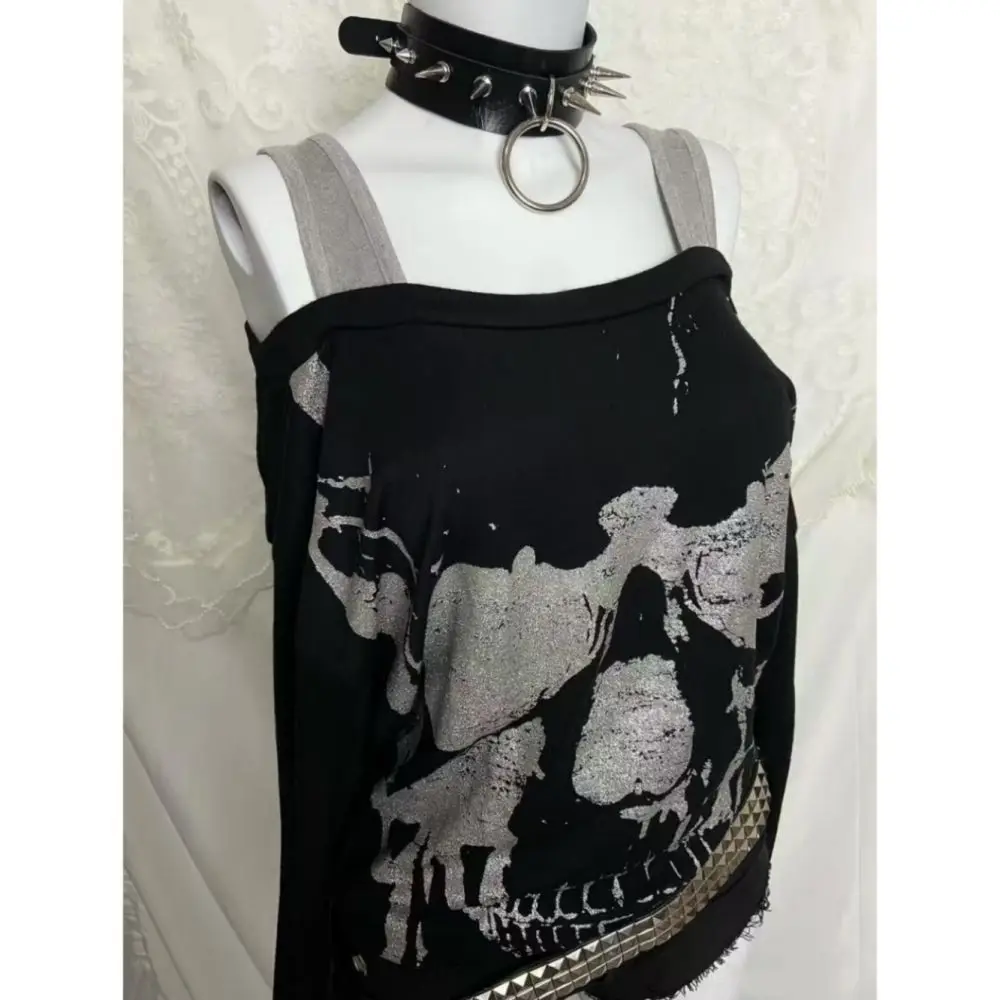 Gothic Vintage Y2K Patchwork Off-the-shoulder Long Sleeves T-shirt Women Printed Top Grunge Aesthetic Tshirt False Two-piece Top