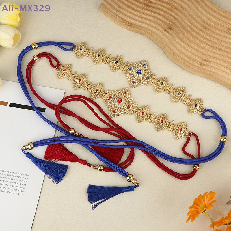 

Регулируемый марокканский пояс-кафтан с золотистыми металлическими кисточками и камнями для женщин, свадебное украшение, цепочка на талию