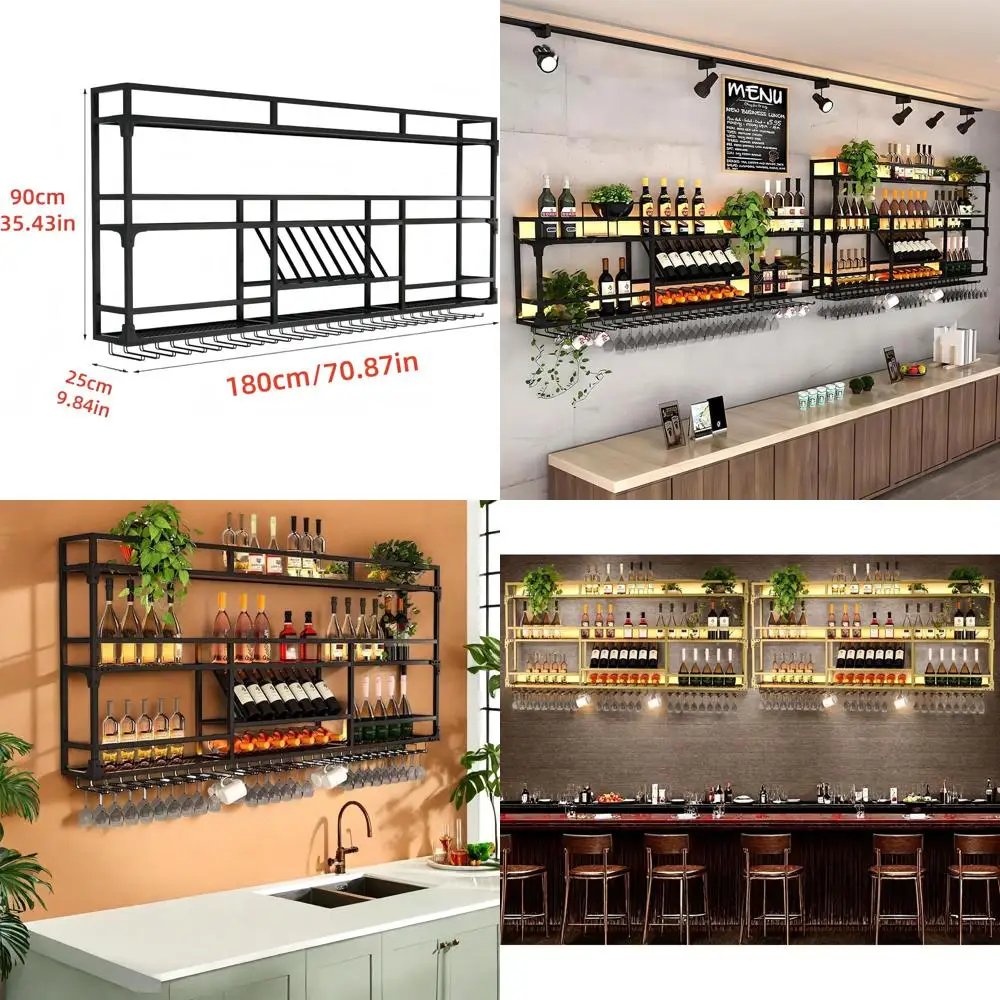 

71 Wall-Mounted 3-Tier Wine Rack with LED Light and Glass Holder, Black