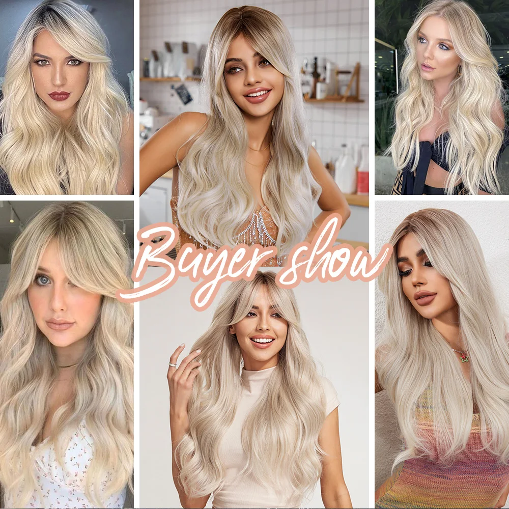 Emmor Ombre Black to Light Blonde Hair Wig Synthetic Long Wavy Wigs with Bangs for Women Cosplay Natural High Temperature Fiber