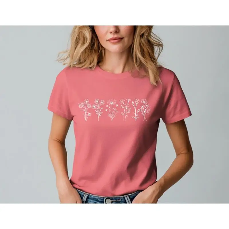 

Женская футболка с полевым цветком, красивый цветочный дизайн, вдохновленная природой, для ее друга или семьи, повседневная ботаническая футболка