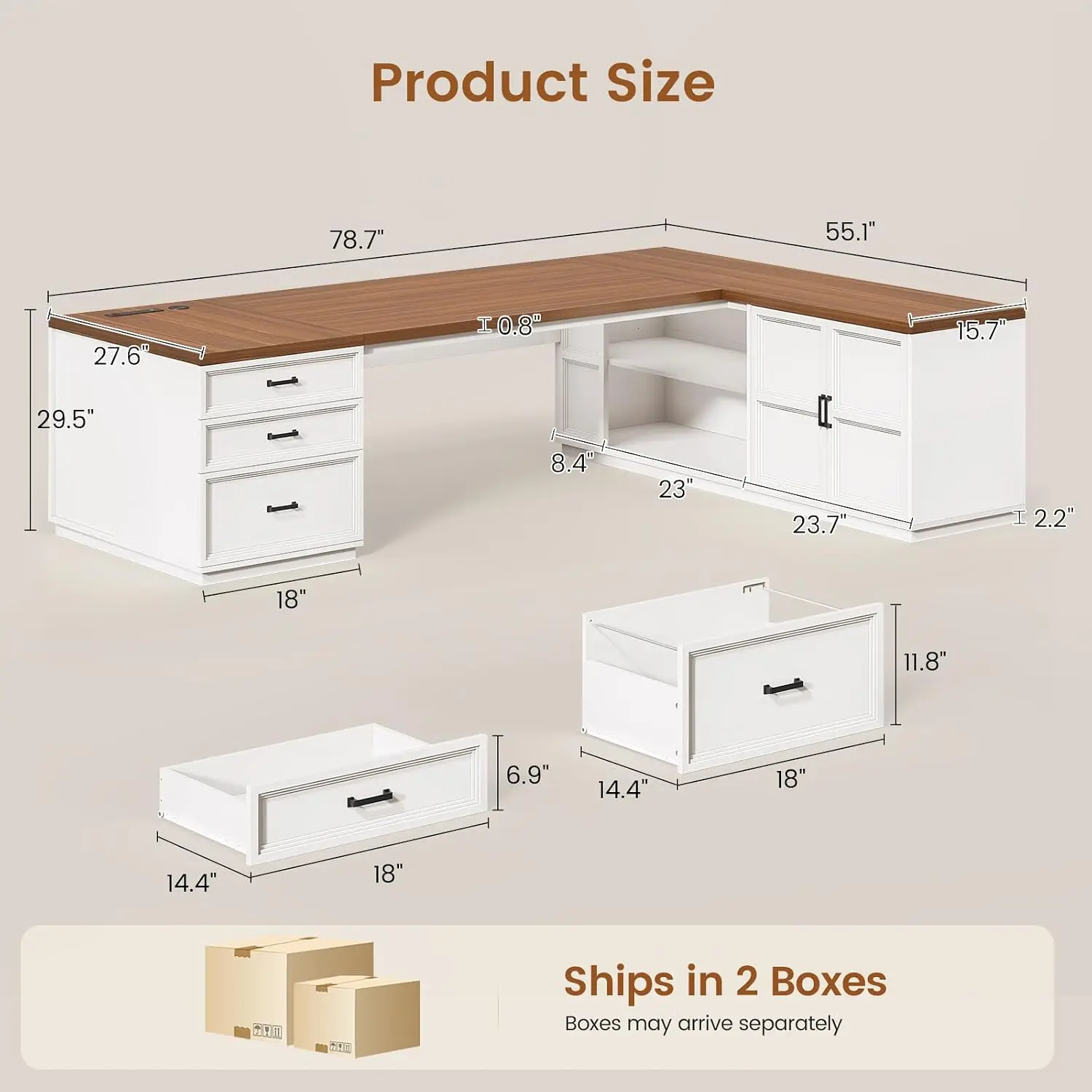 L Shaped Executive Desk With Charging Station, File Drawers & Adjustable Cabinet, CPU Stand, Office Desk , Customized
