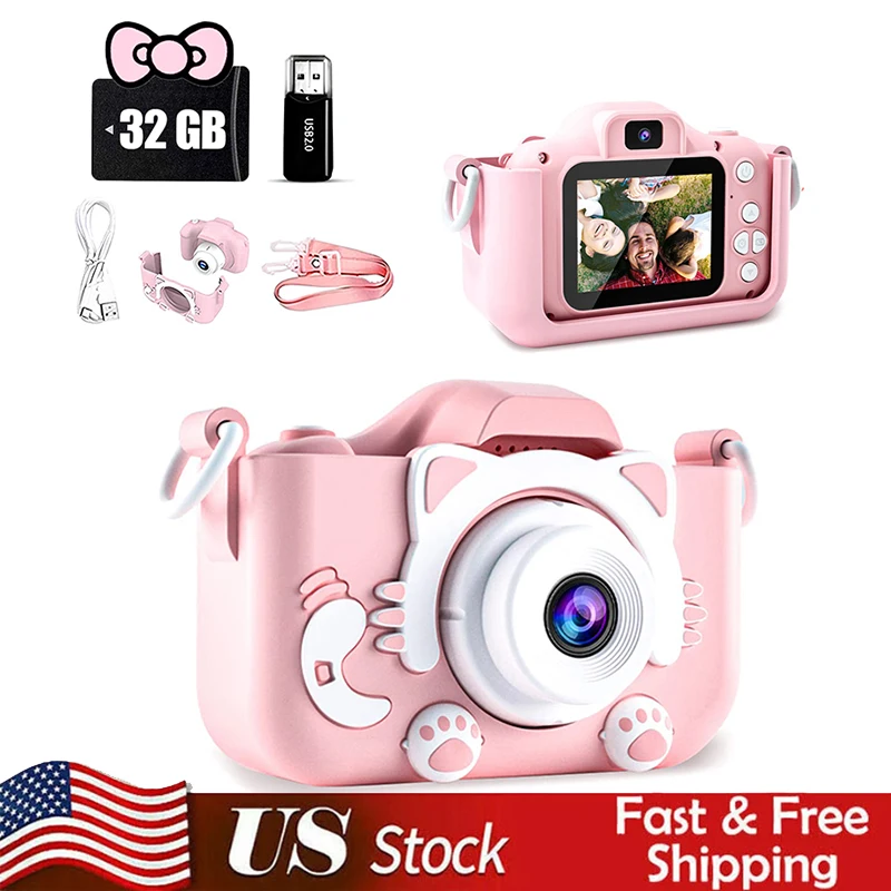 Mini appareil photo numérique pour enfants, jouets pour enfants, dessin animé vidéo, housse en silicone souple, carte SD 32 Go, garçon, fille, cadeau de Noël