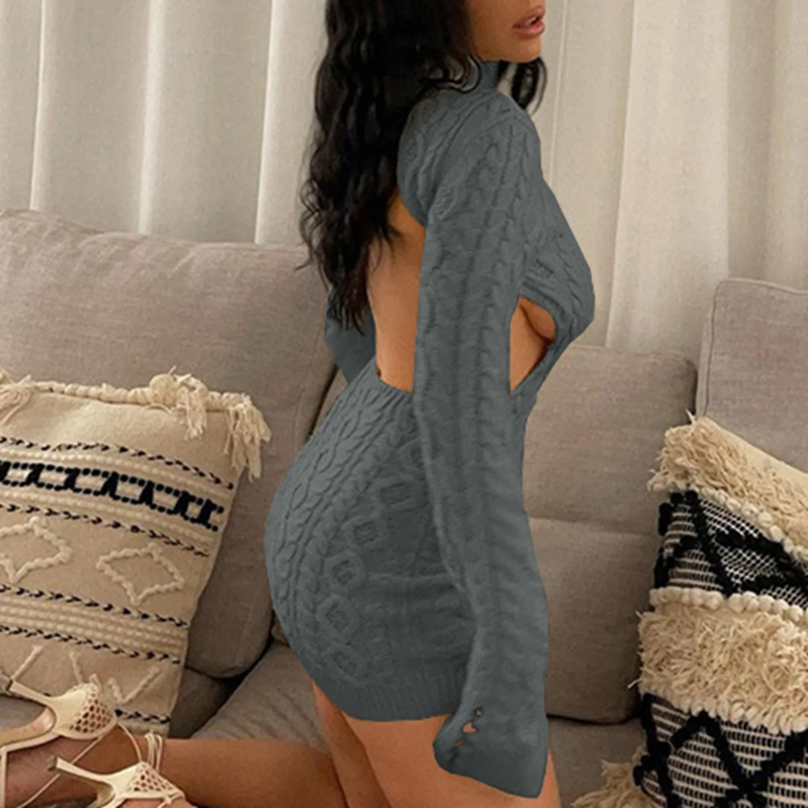 women Sexy Knitted Sweater Dresses Fall Winter Clothes for Women Rave Outfit Backless Long Sleeve Mini Bodycon Birthday Dress