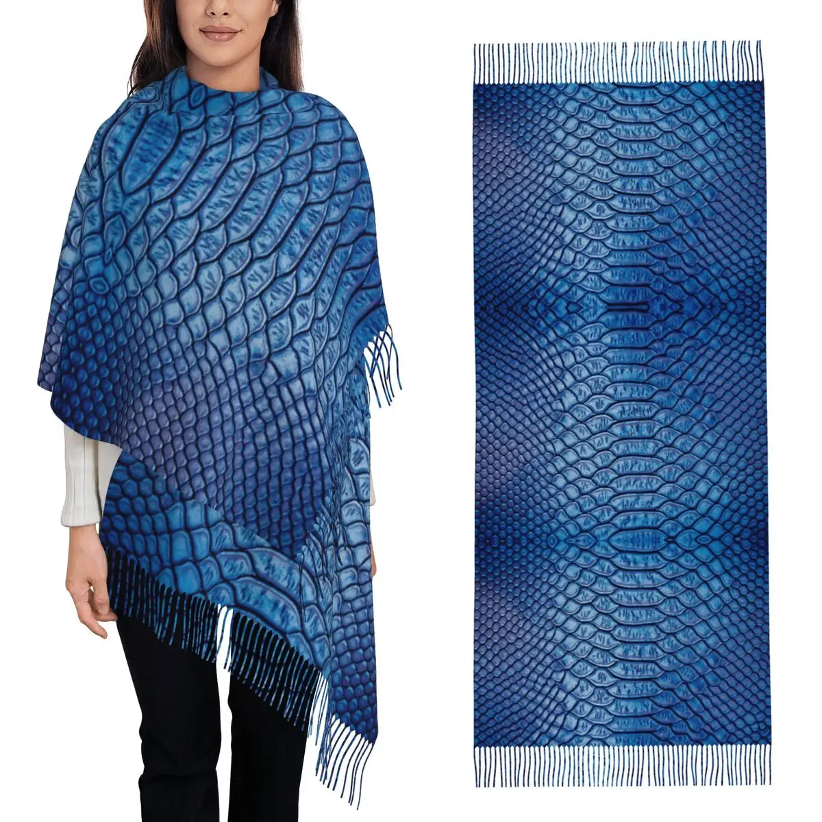 

Змеиная кожа, синий шарф из змеиной кожи, шарфы с кисточками для женщин, мягкие теплые шали и накидки, длинная осенне-зимняя шаль