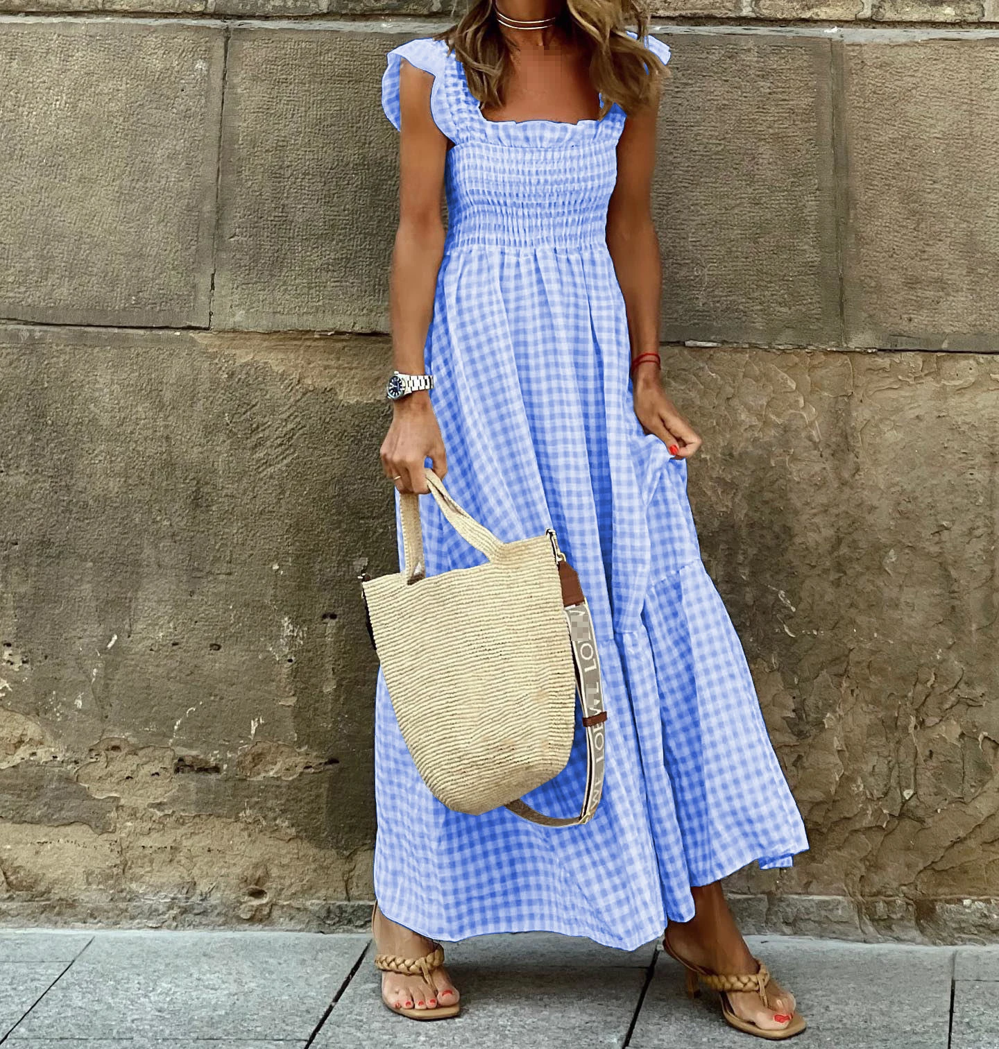 

Female Dress Elegant Square Collar Plaid Summer Dress Women A-line Elastic Ruffled Dresses Beach Party Sleeveless Maxi Dress