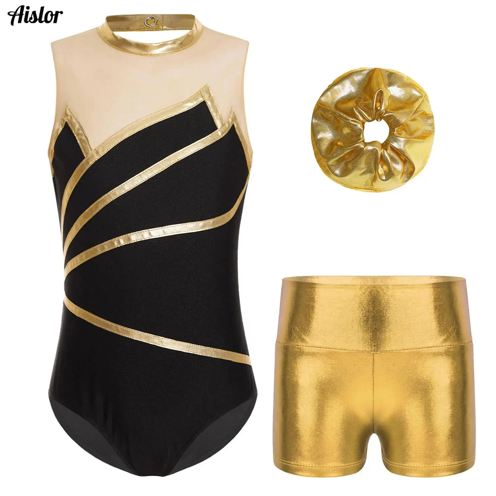 

Kids Girls Gymnastics Workout Costume Sports Set Sleeveless Patchwork Keyhole Back Ballet Leotard+Metallic Shorts+Hair Band 3Pcs