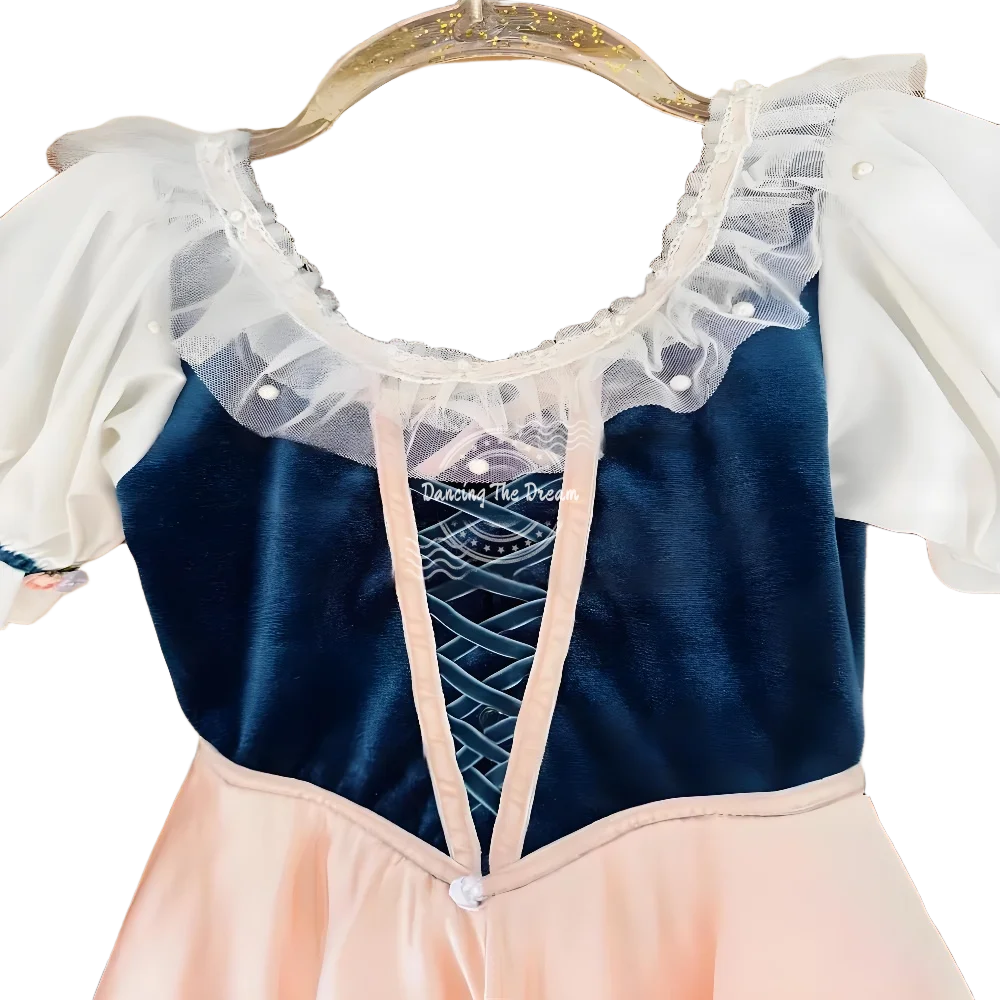 فستان باليه عتيق من الدانتيل المخملي - فستان باليه بأكمام منتفخة أنيق باللونين الأزرق الداكن والوردي