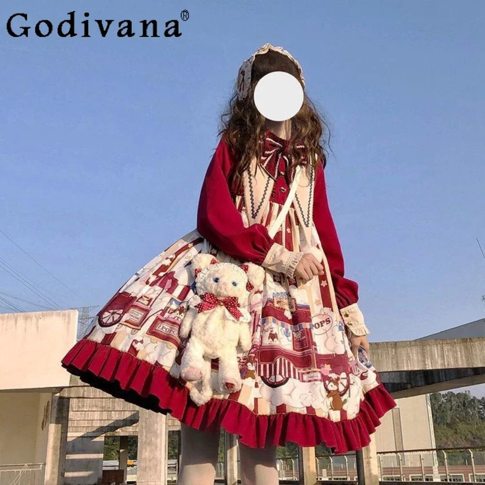 

Lolita Sweet Dress Red Autumn Winter Print Long-sleeved Maiden Japenes Dress Kawaii Women's Clothing