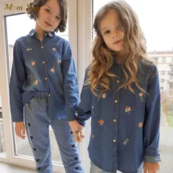 Fashion Baby Girl Boy Cartoon Embroidery Jean Shirt Cotton Child Denim Blouses Solid Color Spring Autumn Baby Clothes 2-14Y