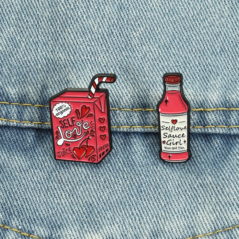 Emaille-Pins mit der Aufschrift „Self Love Juice“, romantische Selflove Sauce Girl-Broschen, Anstecknadeln, Schmuck zur Selbstpflege-Bewusstseinserhebung, Geschenk für Freunde