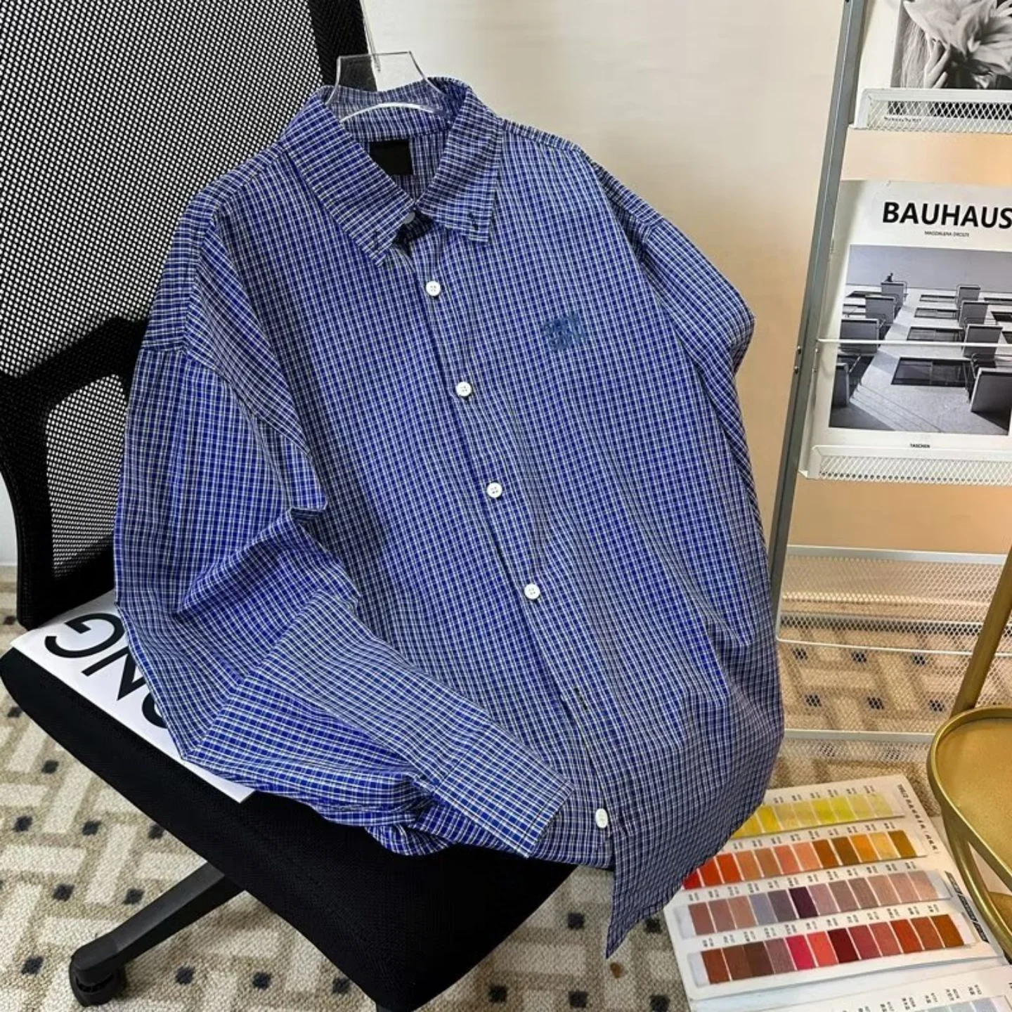 

Loose Fit Plaid Long Sleeve Shirt Unisex Korean Lazy Style Spring Early American Couple's Shirt Blue Grid Pattern Casual Shirt