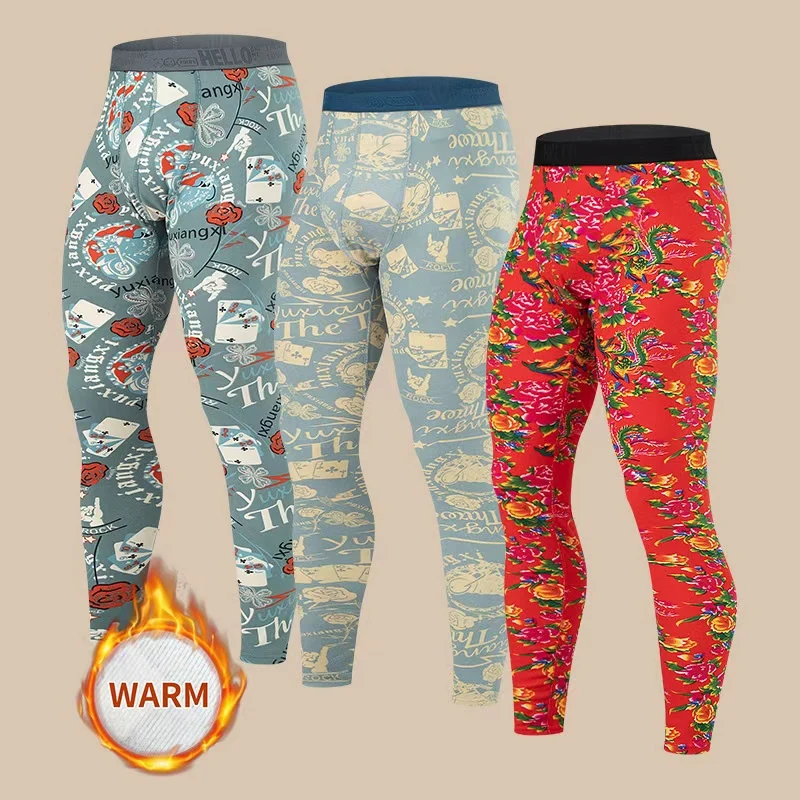 

3/1 Piece Men's Autumn And Winter Red Lucky Print Fashionable Warm Riding Bottom Pants Comfortable And Versatile Slim Fit Pants
