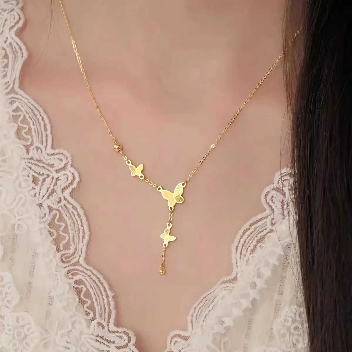 OIMG 316L Stainless Steel Gold Plated Gentle Temperament Butterfly Long Tassel Pendant Necklace For Women Handmade Chain 2024