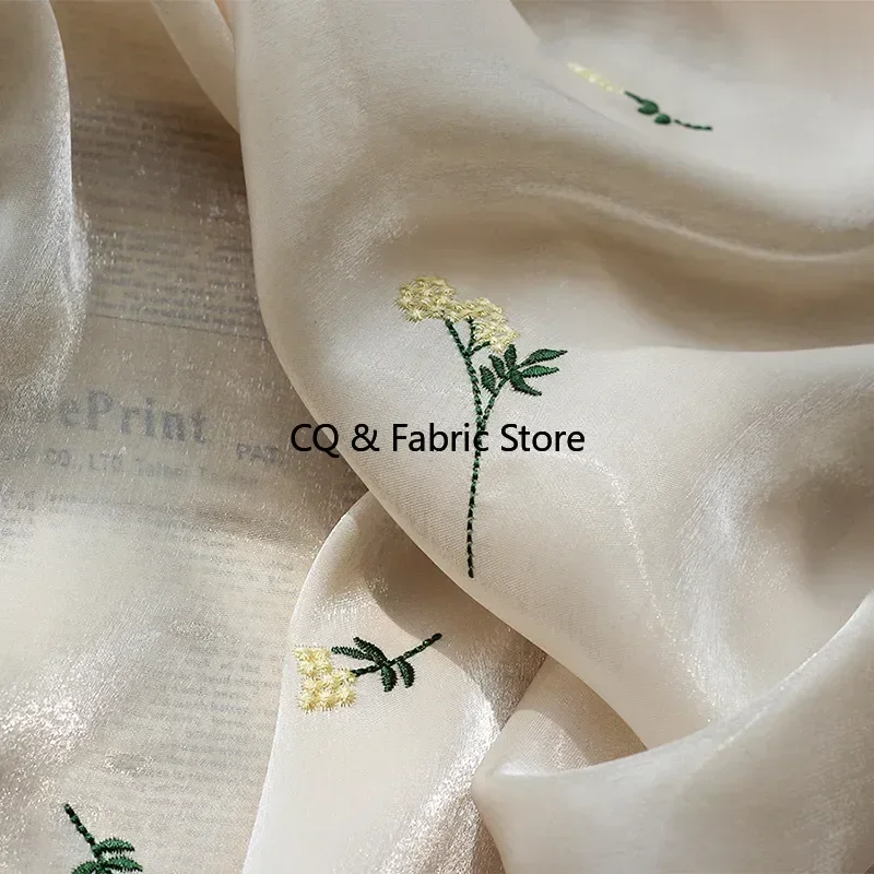 New Bright Silk Satin Embroidered Dandelion Fabric For Wedding Dress Spring And Summer Dress Shirt Designer Fabric