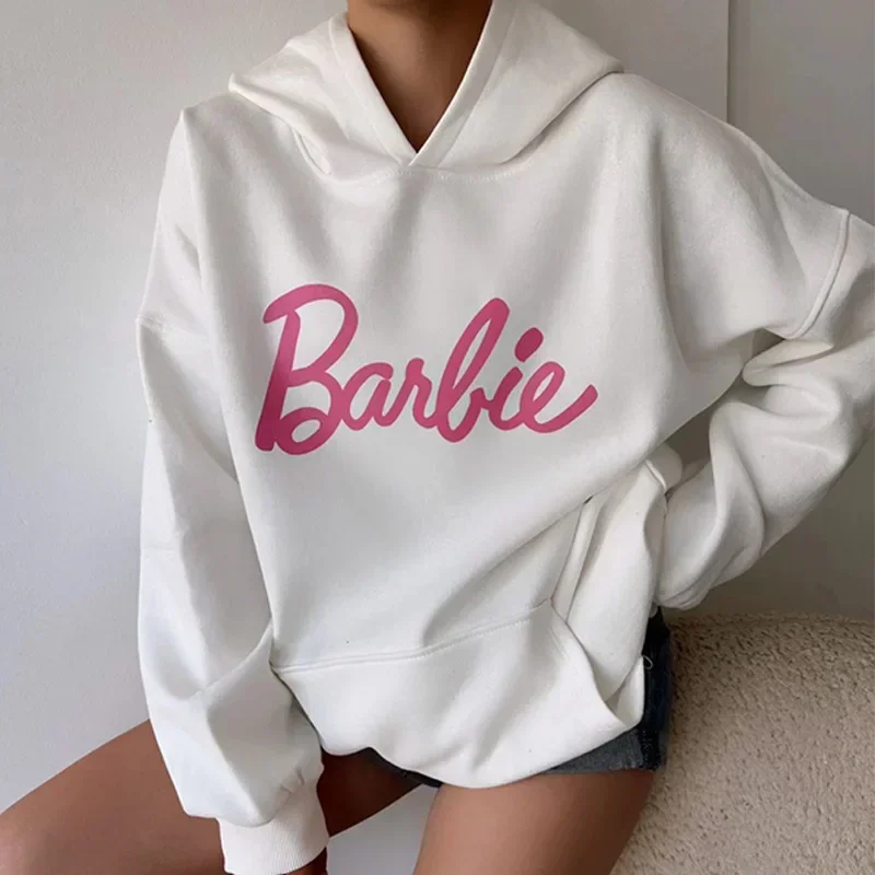 Barbie Casual Pink Letter Print Loose Hooded Sweatshirt Anime Hoodie Hip-hop Versatile Girls\' Tops with Long Sleeves Inner Wear