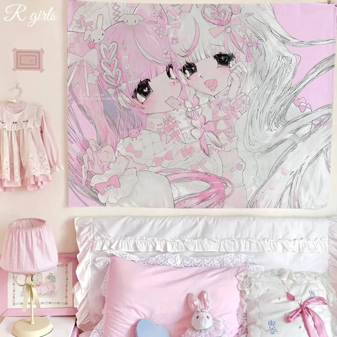 VIKAMA Pink Twin Girls Wall Tapestry Harajuku Kawaii Wall Hanging Backdrop Cute Illustration Dorm Bedroom Wall Decor