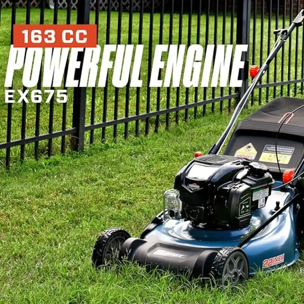 22-Inch Gas Lawn Mower with Self-Propelled 163cc Engine Single Speed Rear Wheel Drive & 3-in-1 Functionality Ideal Small to