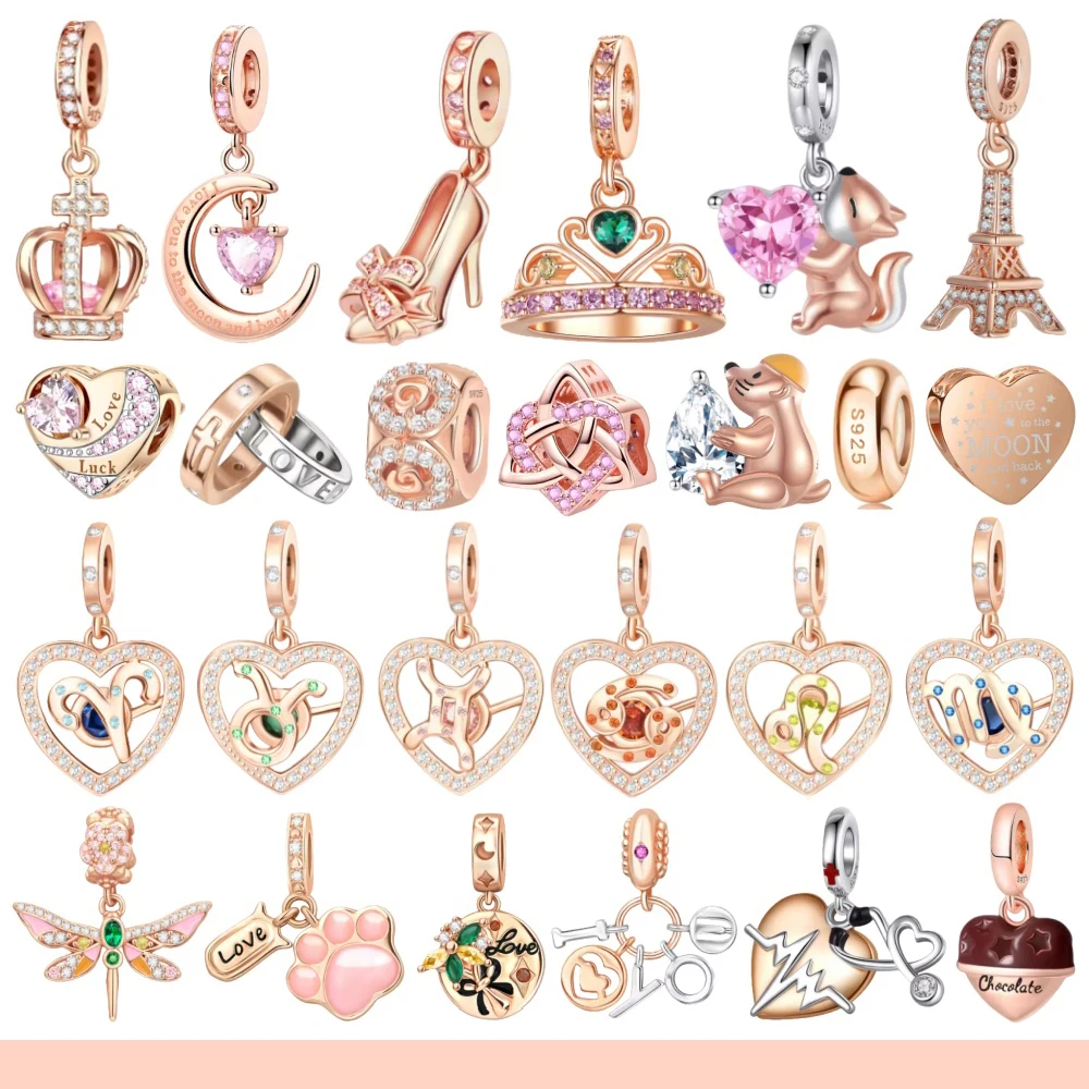 

925 Sterling Silver Rose Gold Series Twelve Constellation Crescent Moon Crown High Heel Charm Fit DIY Bracelet Necklace Gifts