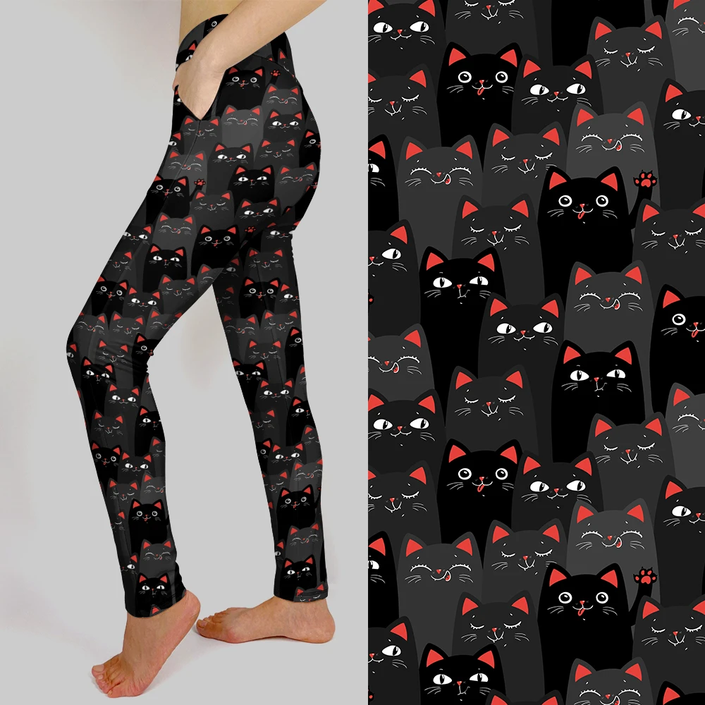 LETSFIND Celana Saku Kualitas Tinggi Cetak Digital Kucing Hitam dan Abu-abu 3D Baru Seksi Pinggang Tinggi Wanita Di Dalam Kantong Legging