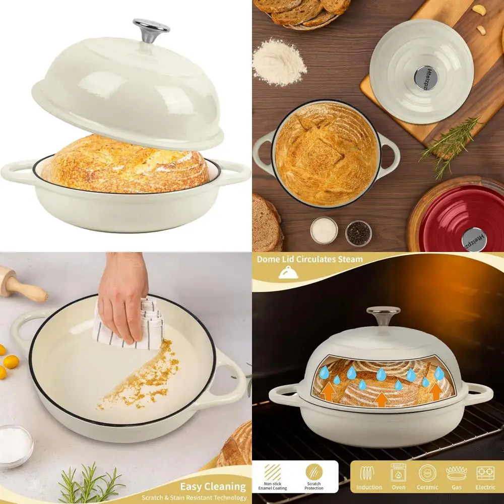 

Эмалированная чугунная голландская печь для хлеба емкостью 5,4 литра, идеально подходит для вычислений, безопасная в духовке до 500 ° F, 25 см Белый